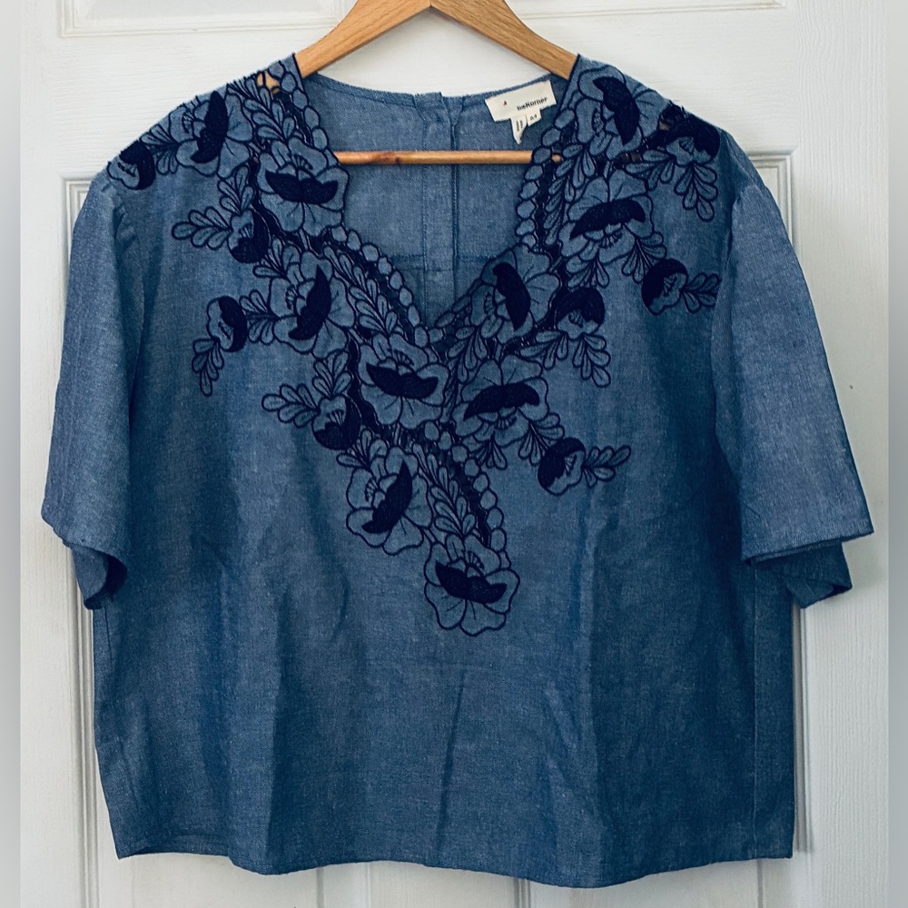 Navy Floral Embroidered Blouse
